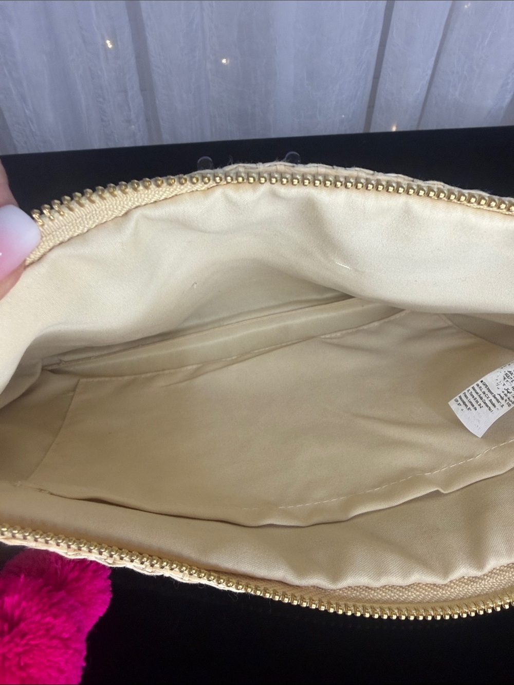 Old Navy Cream Straw Clutch with Pink Flamingo Embroidery and Pink Bracelets - Picture 4 of 6